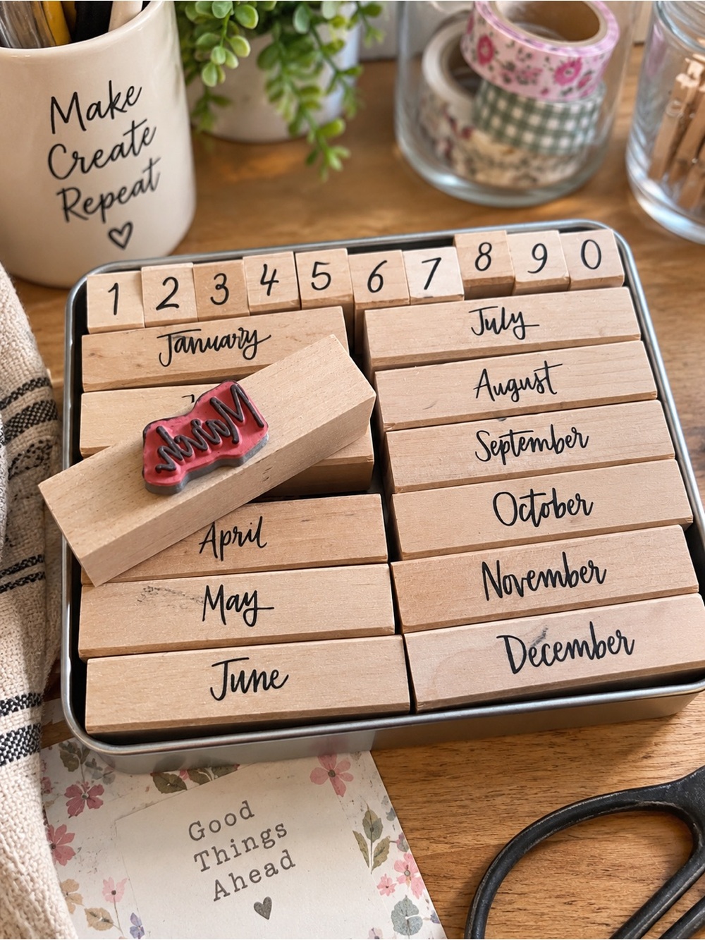 Wooden Perpetual Calendar Stamp Set Months & Numbers in Tin Crafting Scrapbook